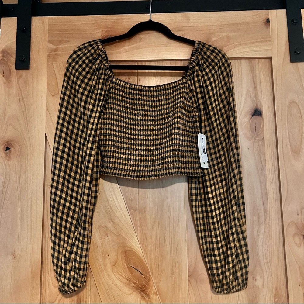 NWT Billabong Crop Long Sleeve Top, Gingham Blouse, Scrunch, The Salty Blonde